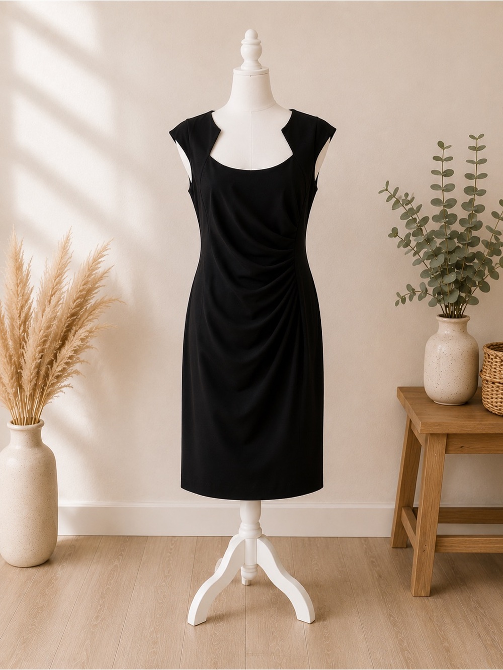 Calvin Klein Dress Size 16 Black Cap-Sleeve Draped Sheath Dress
